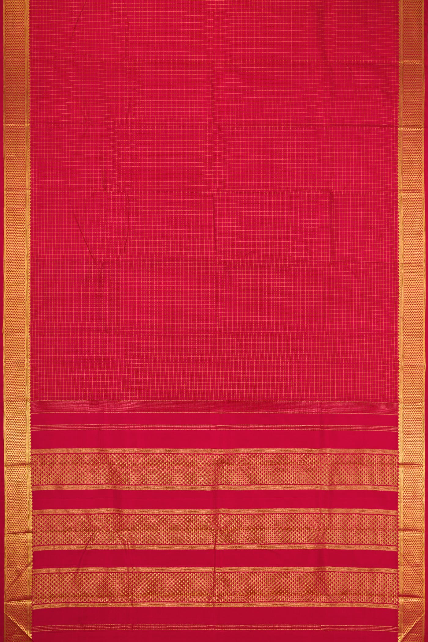 Flat view of Maroon Kanchipuram Silk Saree with Checked design on the body and Zari Border. 
