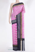 Pure Silk Pink Pochampally Saree with Ikat design on the body and Ikat Border.  displayed on a mannequin