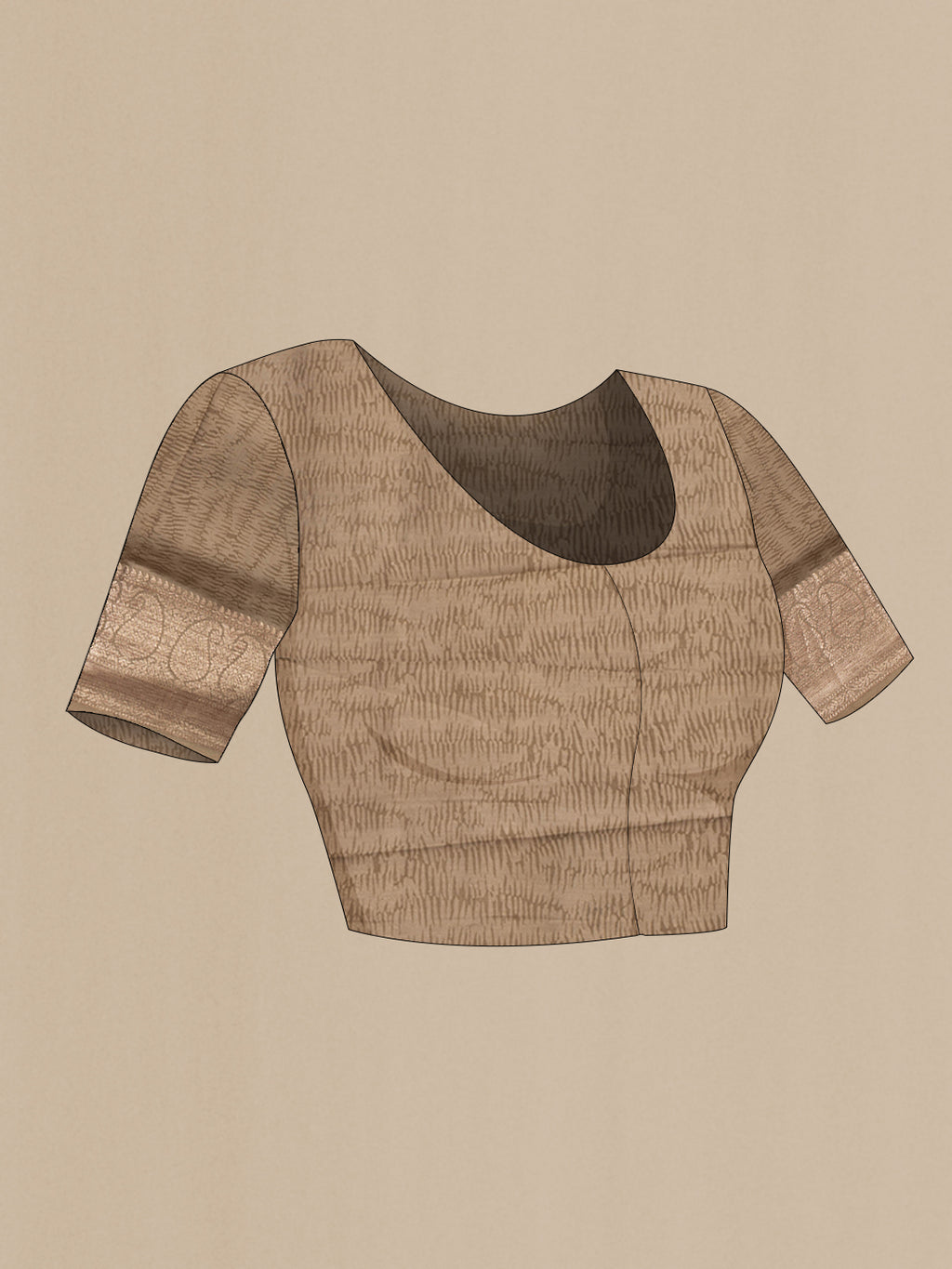 Close up image of the blouse of Dark Beige Chanderi Silk Saree with Printed design on the body and Fancy Border. 