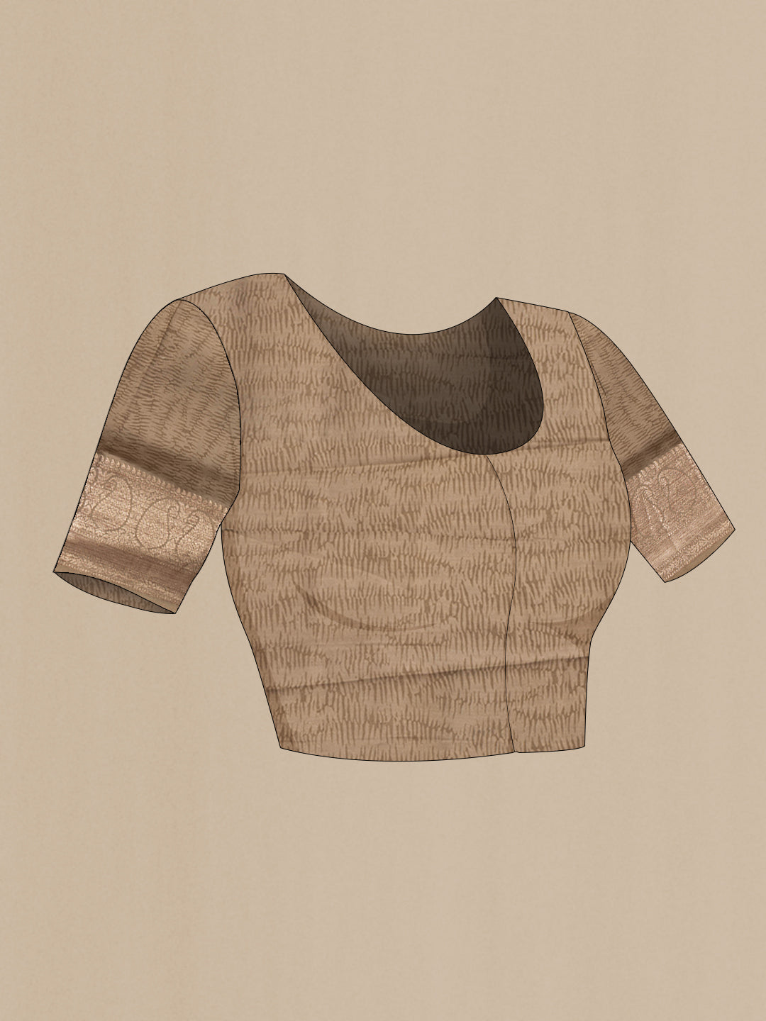 Close up image of the blouse of Dark Beige Chanderi Silk Saree with Printed design on the body and Fancy Border. 