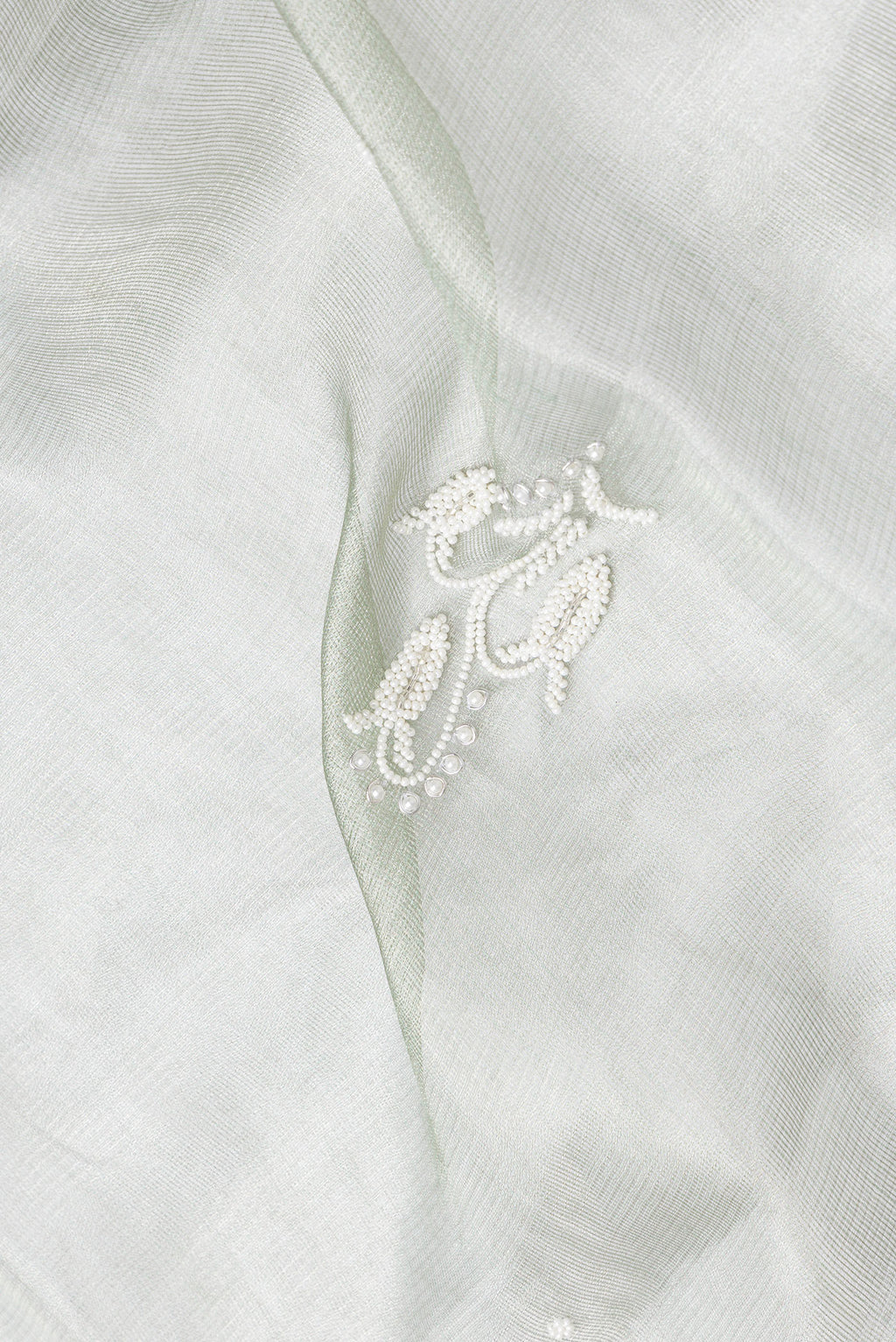 Close up of Pista Green Dual Tone Organza Silk Saree with Embroidery on the body and Embroidery Border.  displaying folds