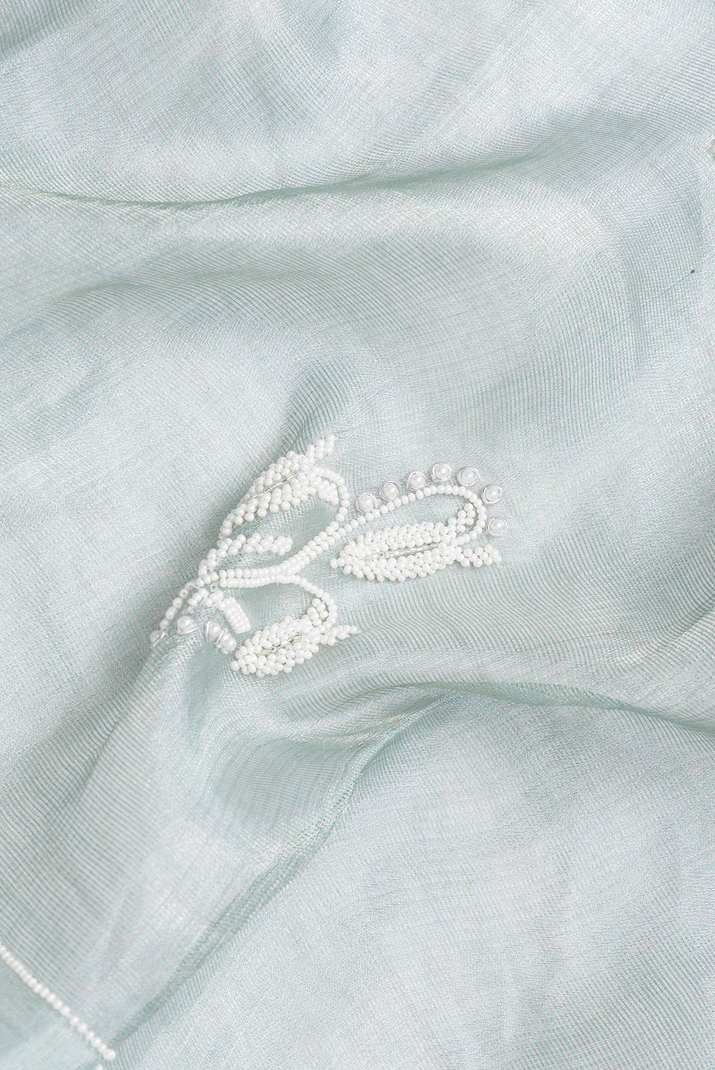 Close up of Light Green Dual Tone Organza Silk Saree with Embroidery on the body and Embroidery Border.  displaying folds