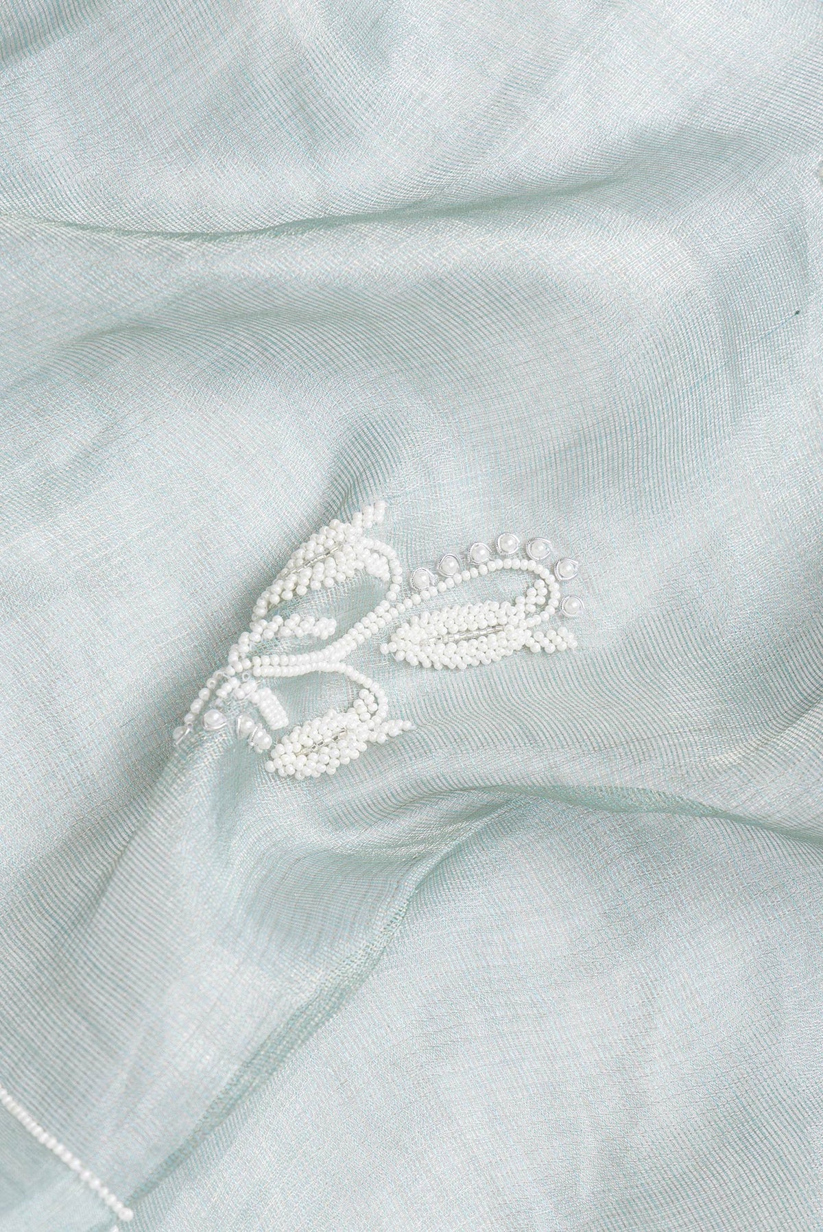 Close up of Light Green Dual Tone Organza Silk Saree with Embroidery on the body and Embroidery Border.  displaying folds