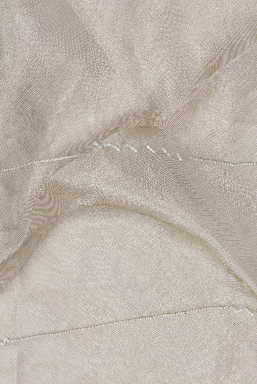 Close up of Beige Dual Tone Organza Silk Saree with Embroidery on the body and Without Border.  displaying folds