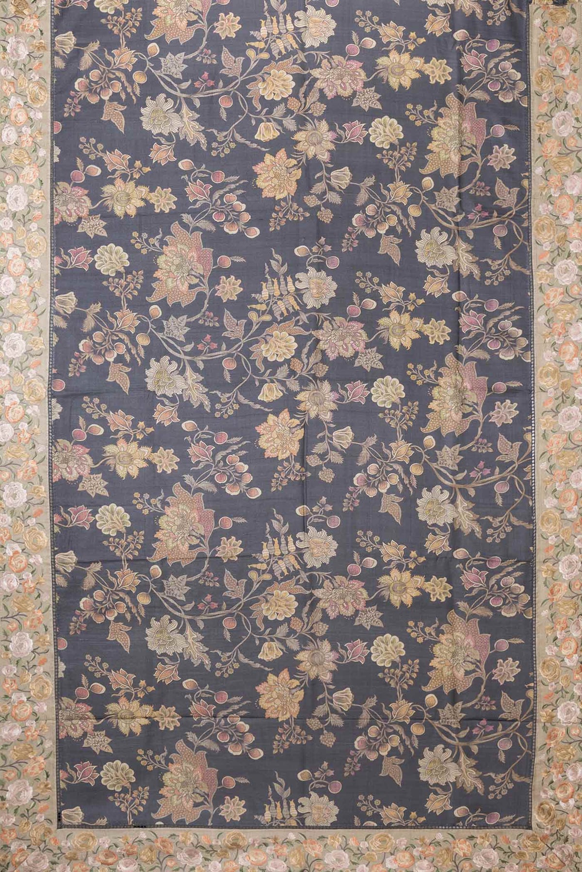 Flat view of Black Dual Tone Tussar Saree with Printed design on the body and Embroidery Border