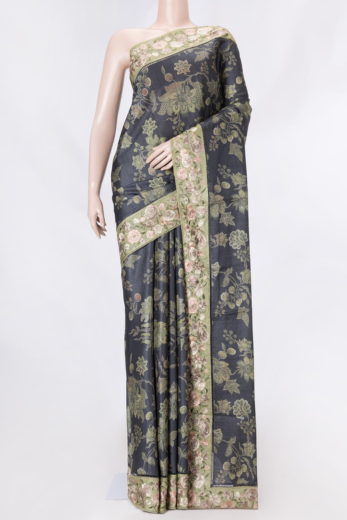 Black Dual Tone Tussar Saree with Printed design on the body and Embroidery Border displayed on a mannequin
