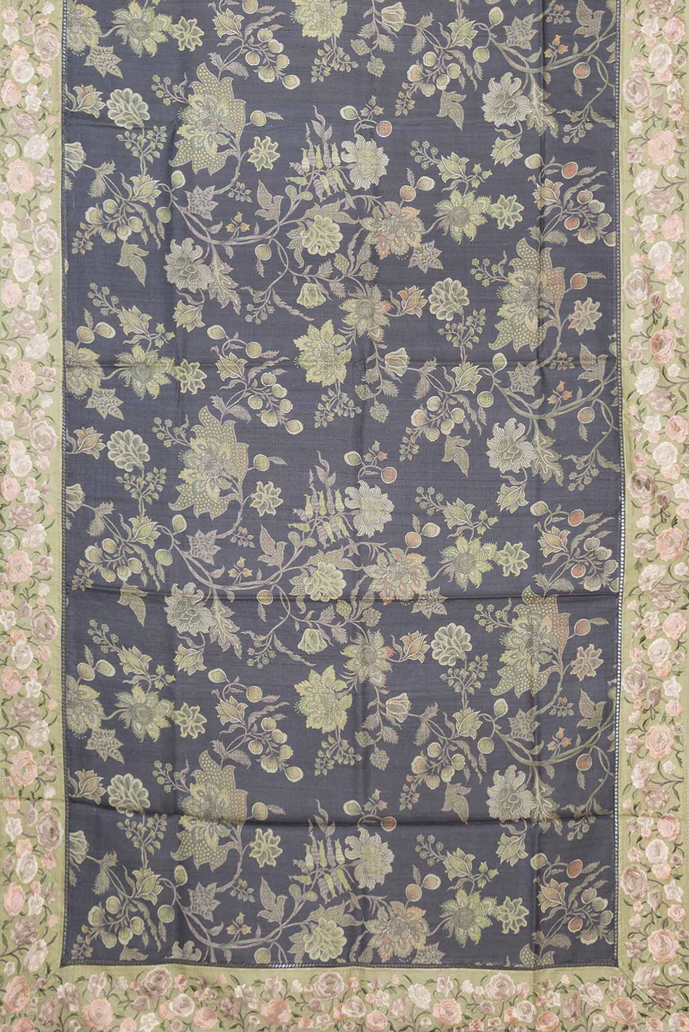 Flat view of Black Dual Tone Tussar Saree with Printed design on the body and Embroidery Border