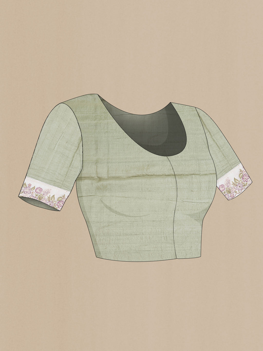 Close up image of the blouse of Sage Green Tussar Silk Saree with Embroidery on the body and Embroidery Border