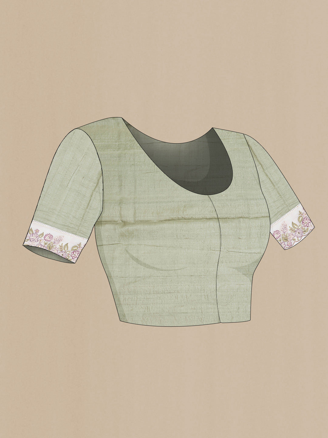 Close up image of the blouse of Sage Green Tussar Silk Saree with Embroidery on the body and Embroidery Border
