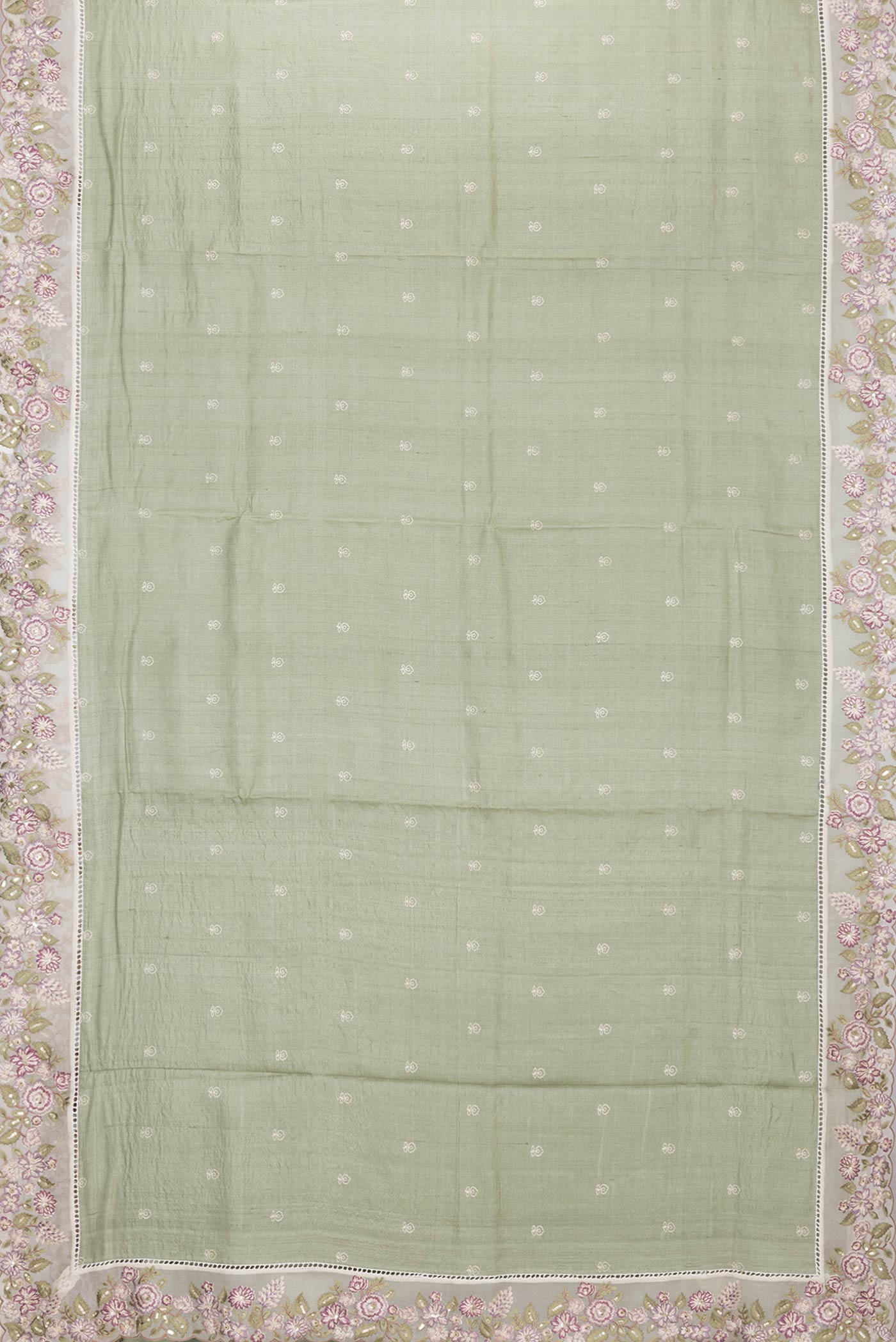 Flat view of Sage Green Tussar Silk Saree with Embroidery on the body and Embroidery Border
