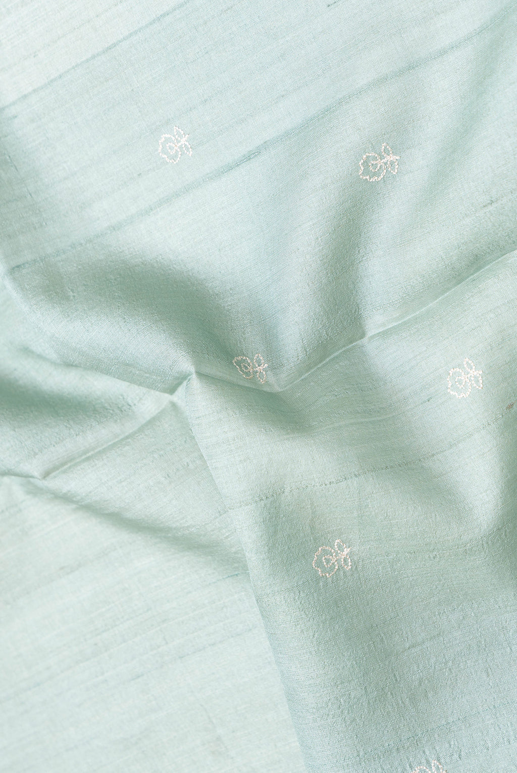 Close up of Pista Green Dual Tone Tussar Silk Saree with Embroidery on the body and Embroidery Border.  displaying folds