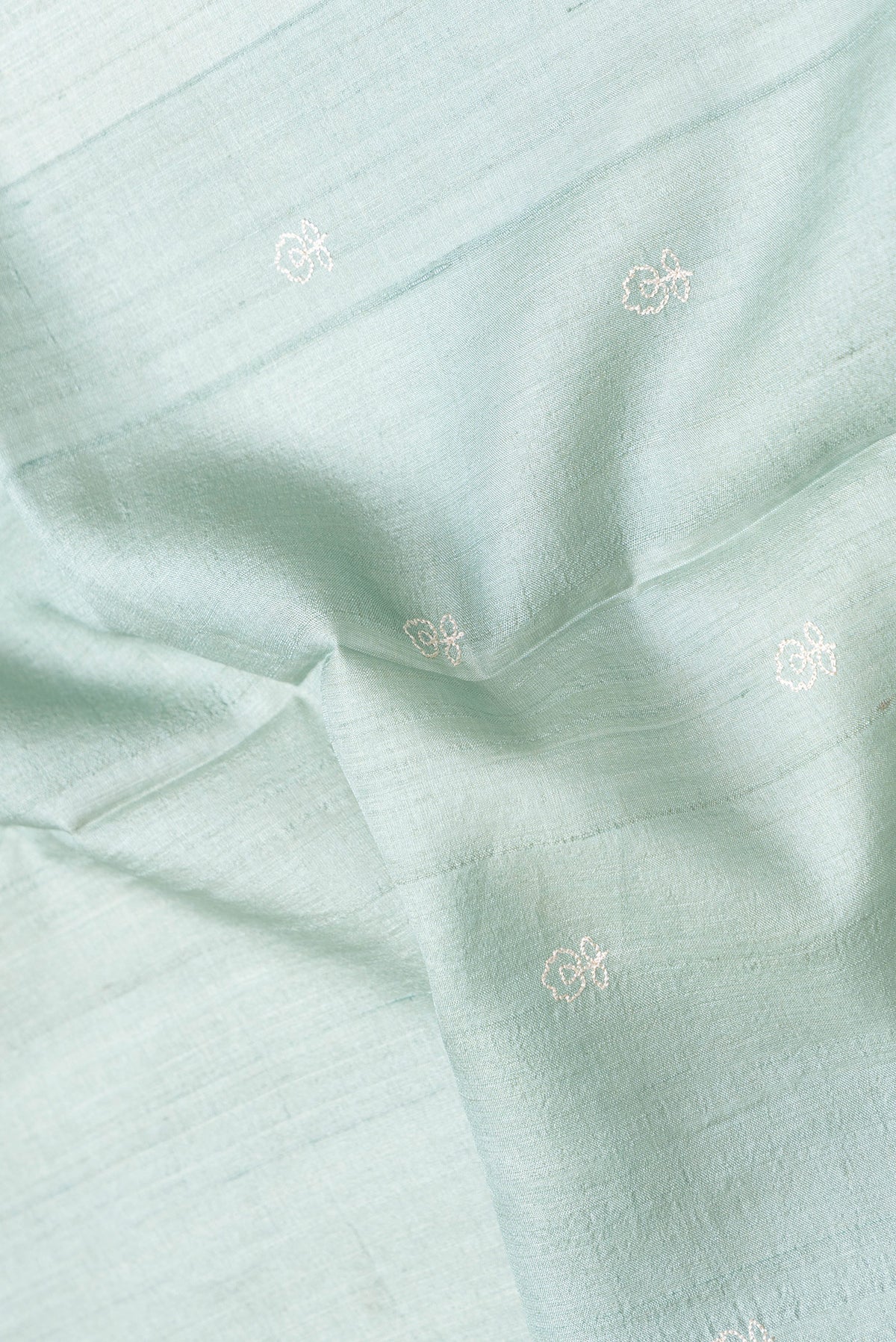 Close up of Pista Green Dual Tone Tussar Silk Saree with Embroidery on the body and Embroidery Border.  displaying folds