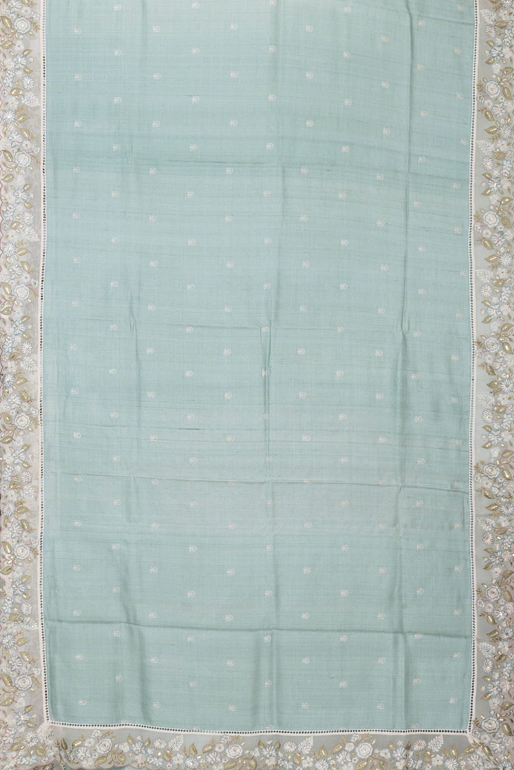 Flat view of Pista Green Dual Tone Tussar Silk Saree with Embroidery on the body and Embroidery Border. 