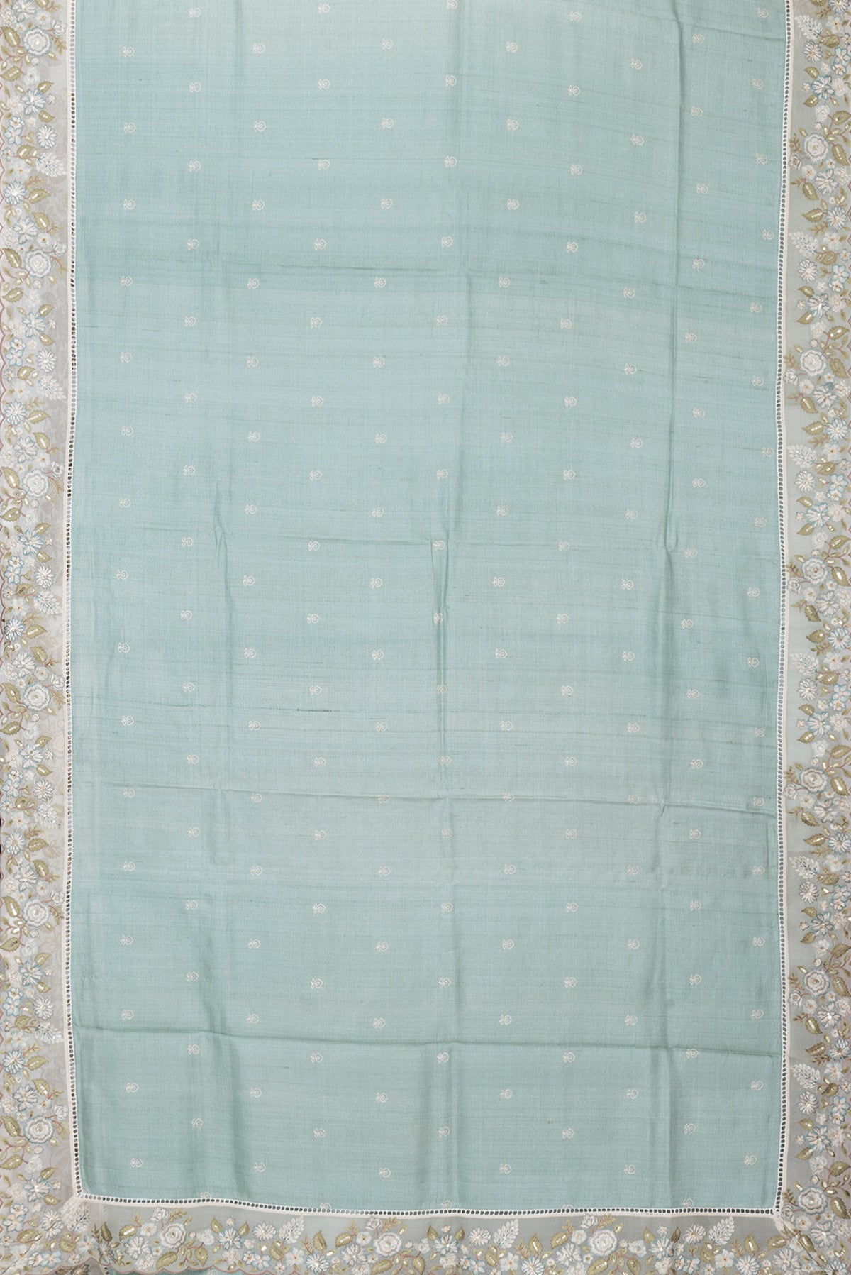 Flat view of Pista Green Dual Tone Tussar Silk Saree with Embroidery on the body and Embroidery Border. 