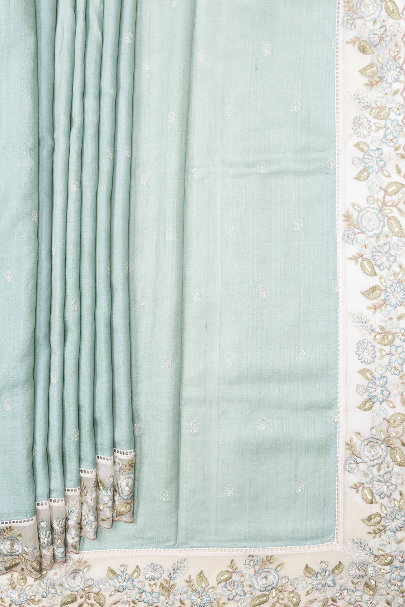 Pleats and pallu of Pista Green Dual Tone Tussar Silk Saree with Embroidery on the body and Embroidery Border. 