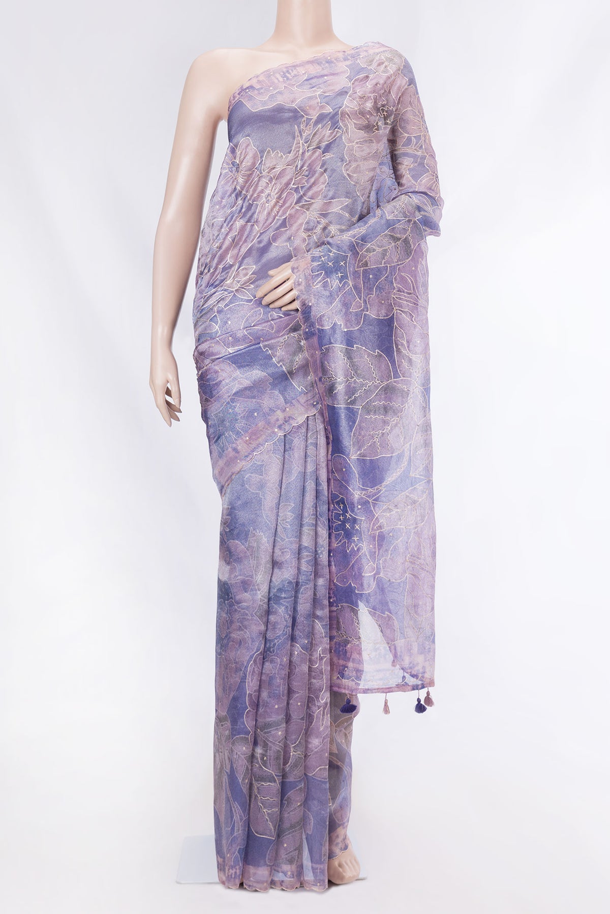 Lavender Dual Tone Organza Silk Saree with Embroidery on the body and Embroidery Border displayed on a mannequin