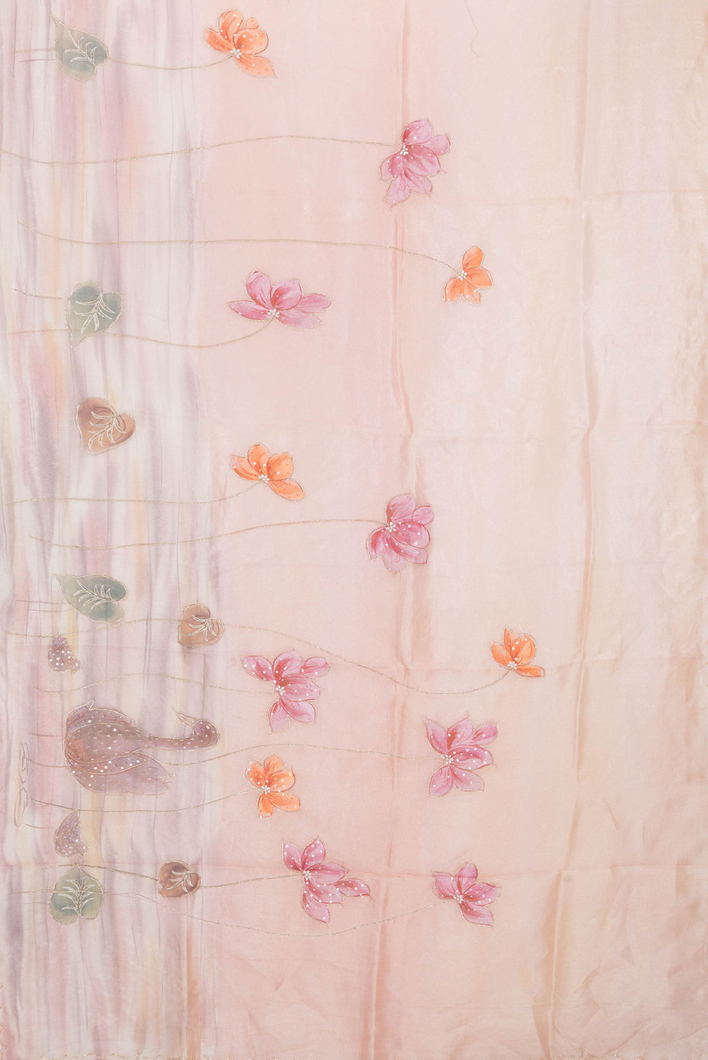Flat view of Rose Gold Dual Tone Organza Silk Saree with Embroidery on the body and Embroidery Border. 