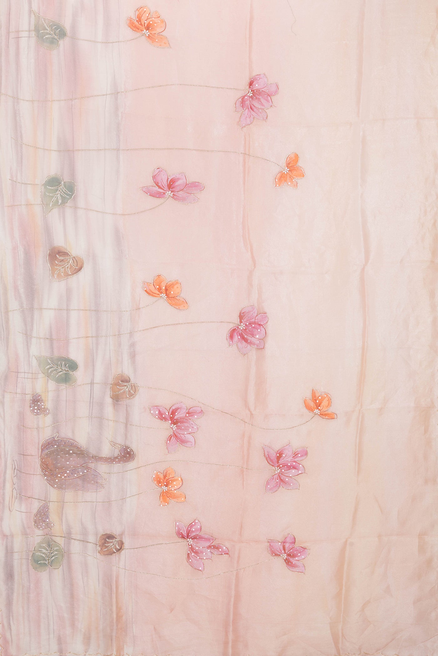 Flat view of Rose Gold Dual Tone Organza Silk Saree with Embroidery on the body and Embroidery Border. 