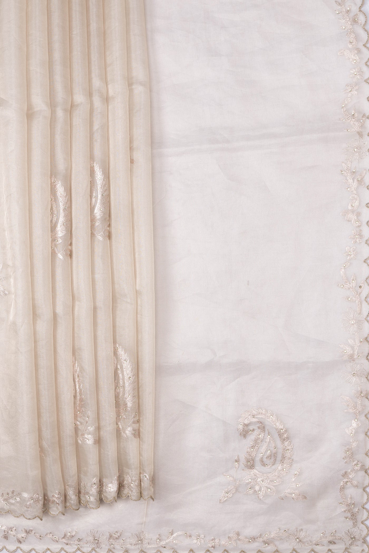 Pleats and pallu of Beige Dual Tone Organza Silk Saree with Embroidery on the body and Embroidery Border. 