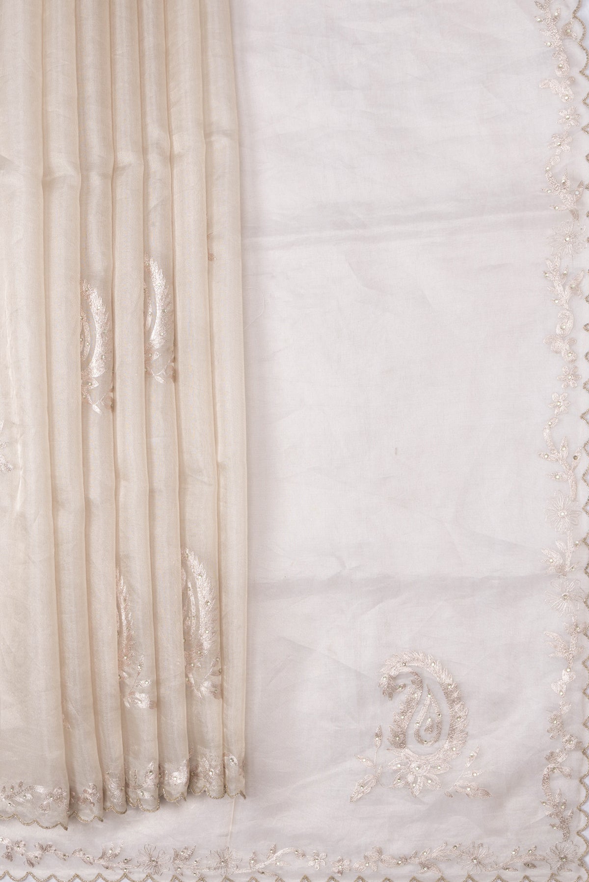 Pleats and pallu of Beige Dual Tone Organza Silk Saree with Embroidery on the body and Embroidery Border. 