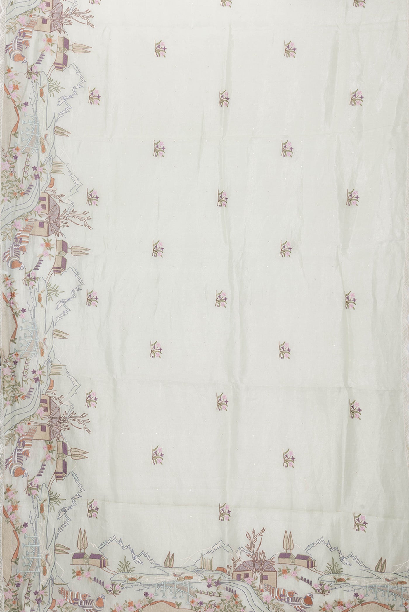 Flat view of Pista Green Dual Tone Organza Silk Saree with Embroidery on the body and Embroidery Border. 