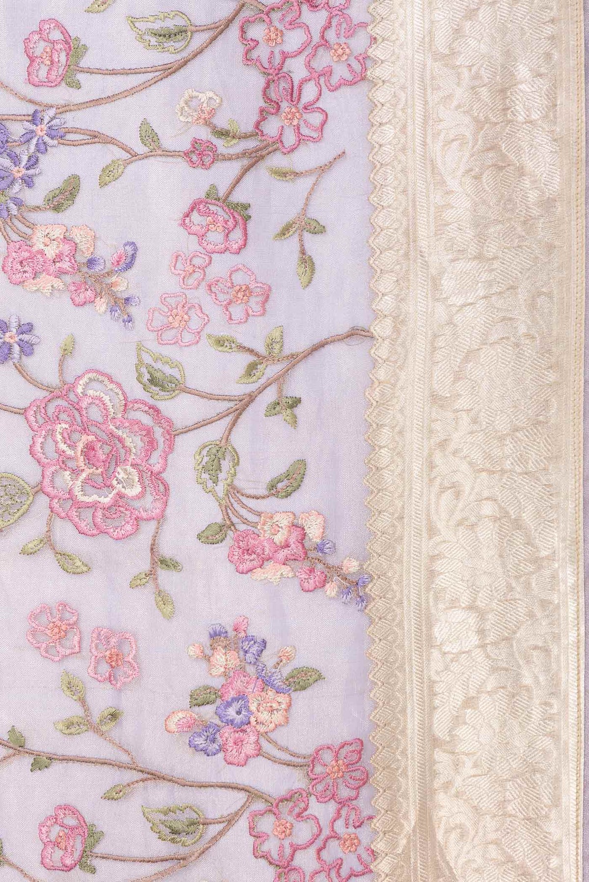 Border image of Lavender Dual Tone Organza Silk Saree with Embroidery on the body and Zari Border