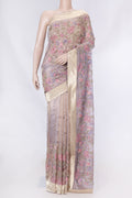 Lavender Dual Tone Organza Silk Saree with Embroidery on the body and Zari Border displayed on a mannequin