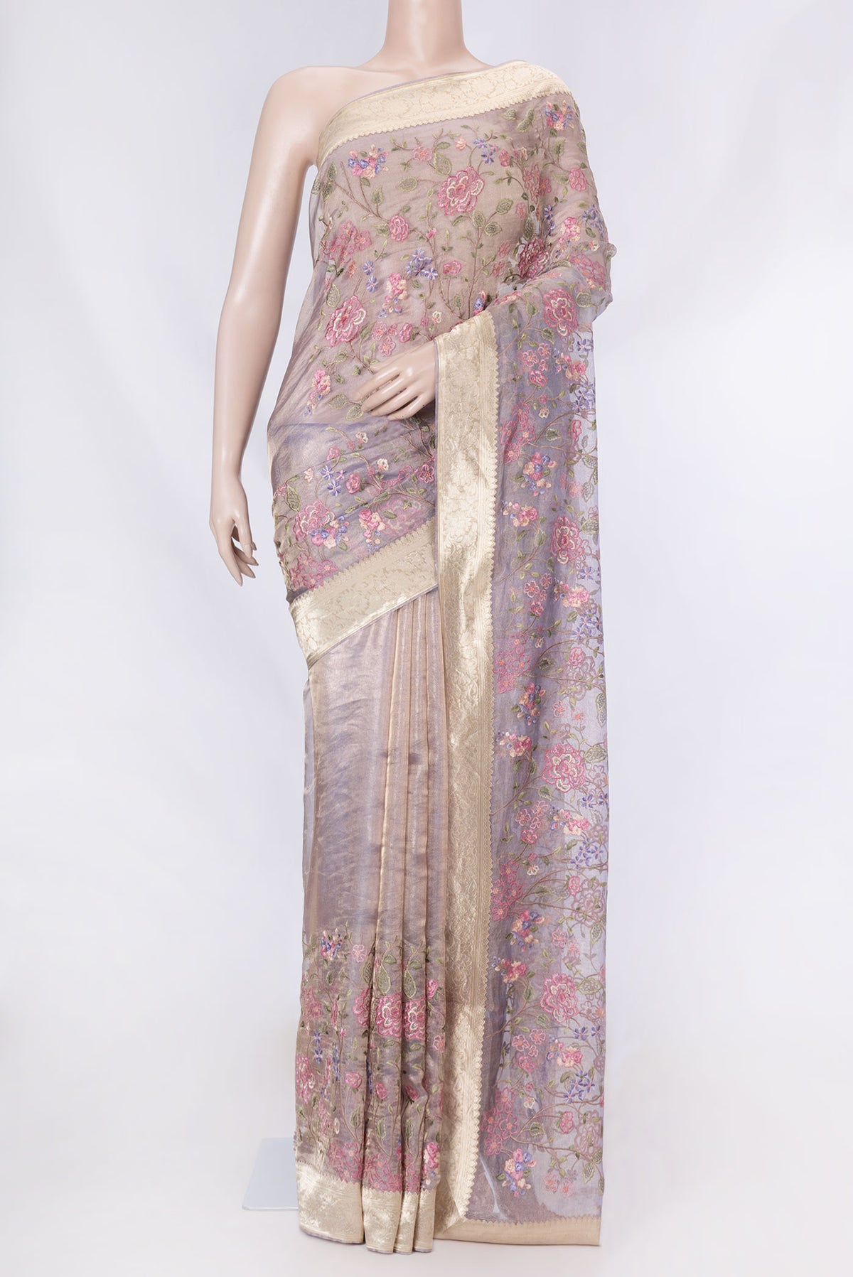Lavender Dual Tone Organza Silk Saree with Embroidery on the body and Zari Border displayed on a mannequin