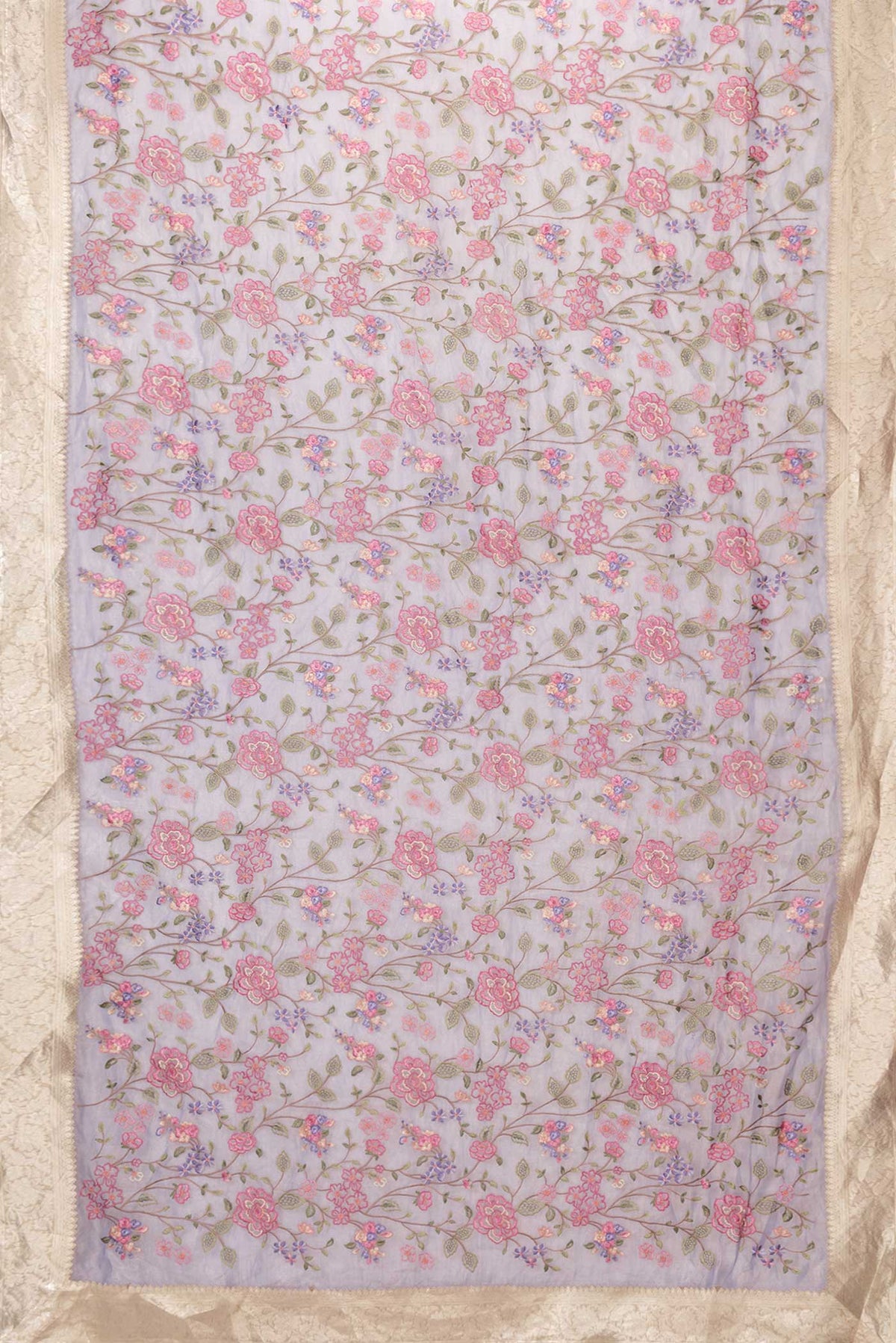 Flat view of Lavender Dual Tone Organza Silk Saree with Embroidery on the body and Zari Border