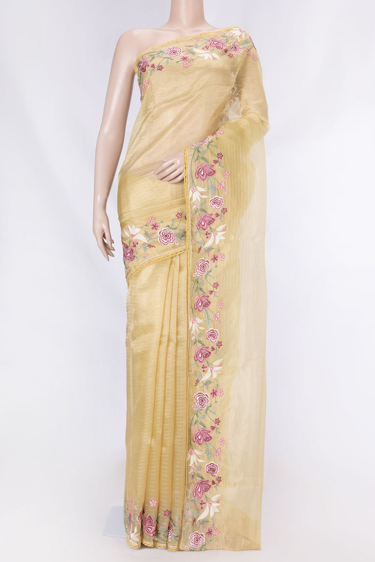 Sandal Dual Tone Organza Silk Saree with Stripes on the body and Embroidery Border displayed on a mannequin
