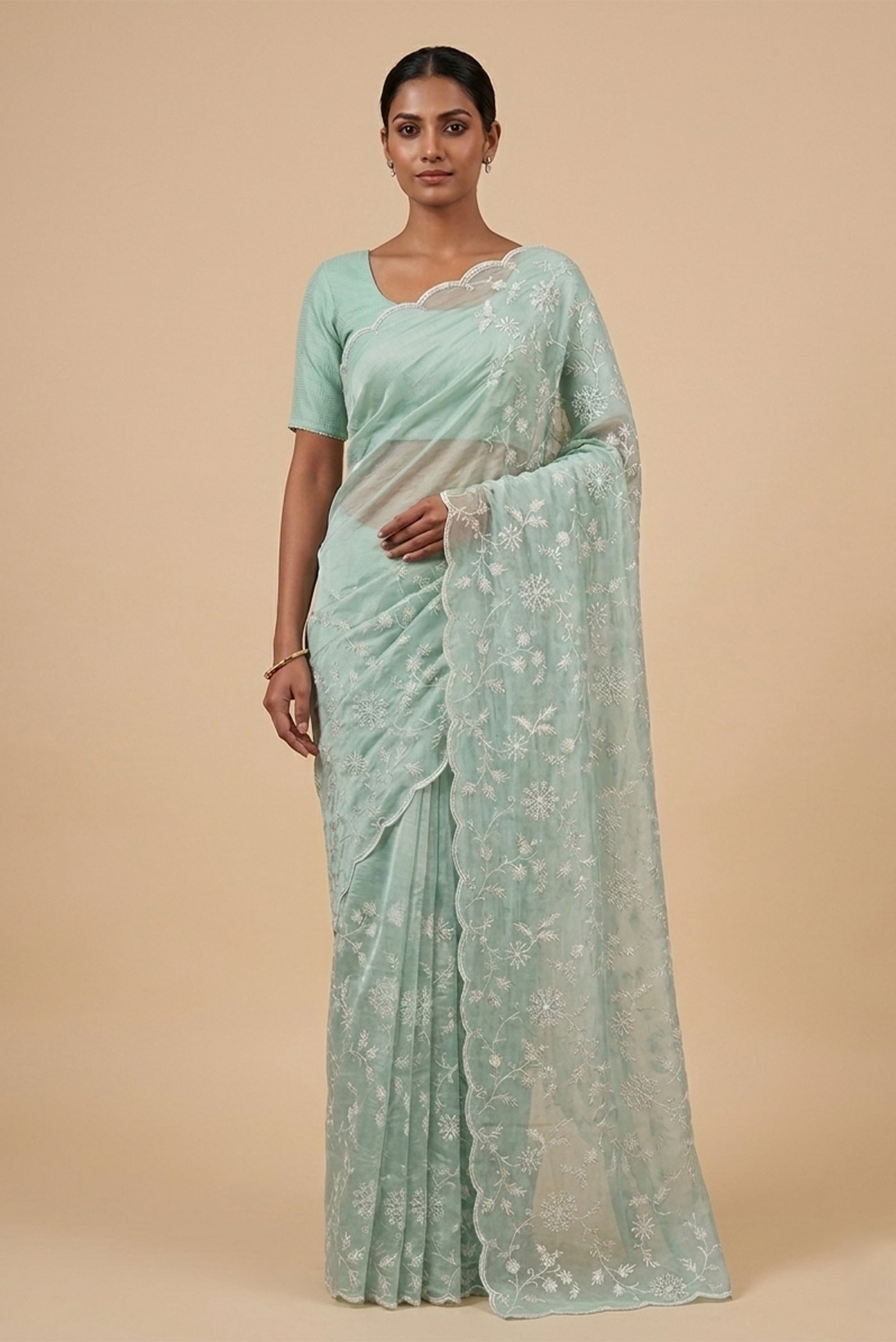 Model wearing a Light Blue Organza Silk Saree with Embroidery on the body and Embroidery Border.