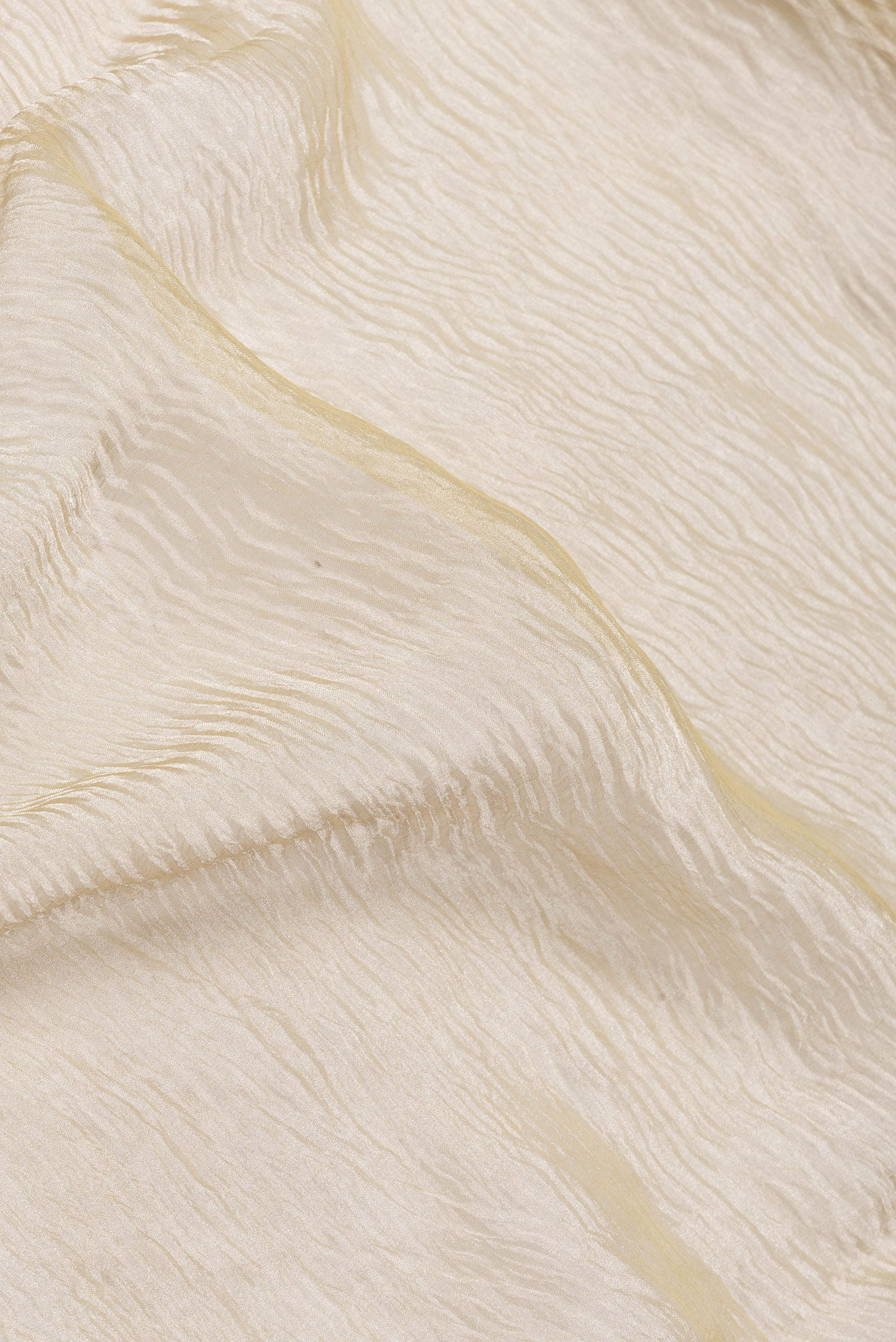Close up of Beige Dual Tone Organza Silk Saree with Plain Body and Fancy Border.  displaying folds