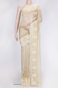 Beige Dual Tone Organza Silk Saree with Plain Body and Fancy Border.  displayed on a mannequin