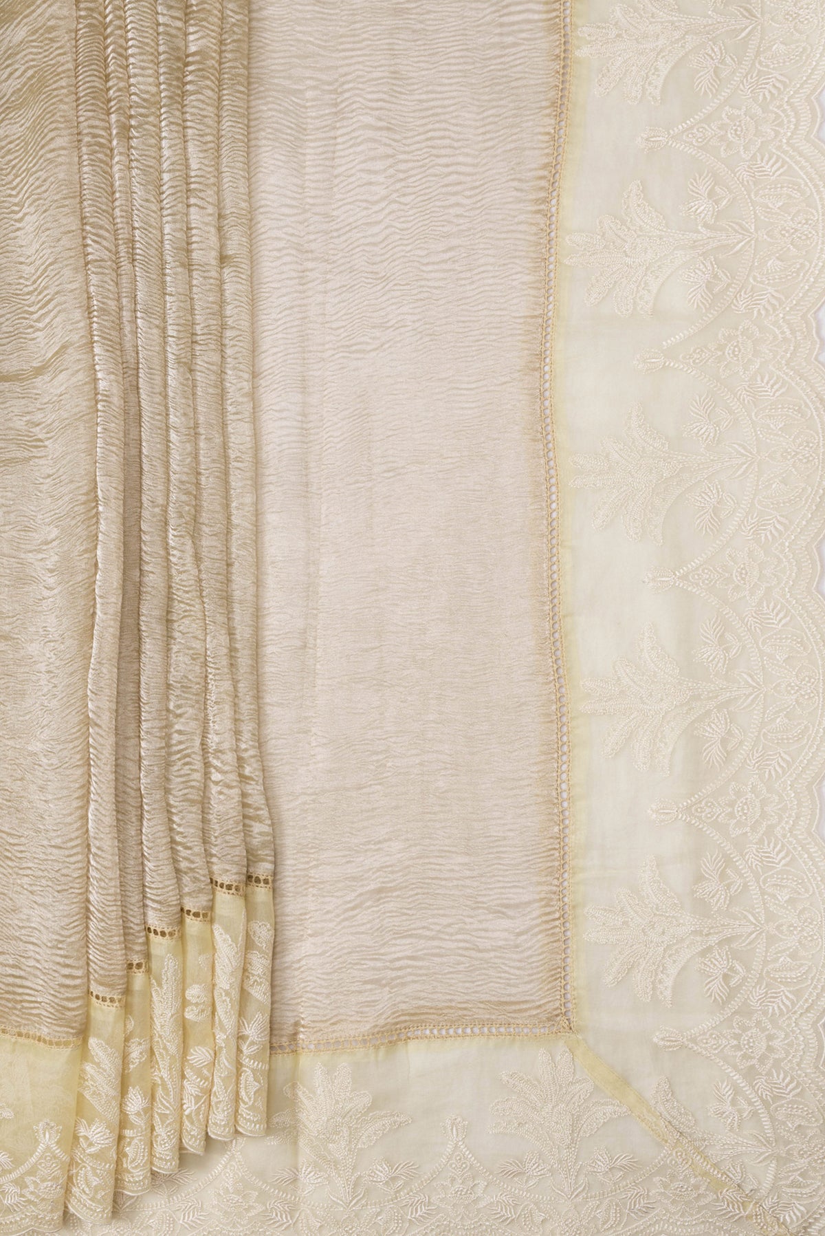 Pleats and pallu of Beige Dual Tone Organza Silk Saree with Plain Body and Fancy Border. 