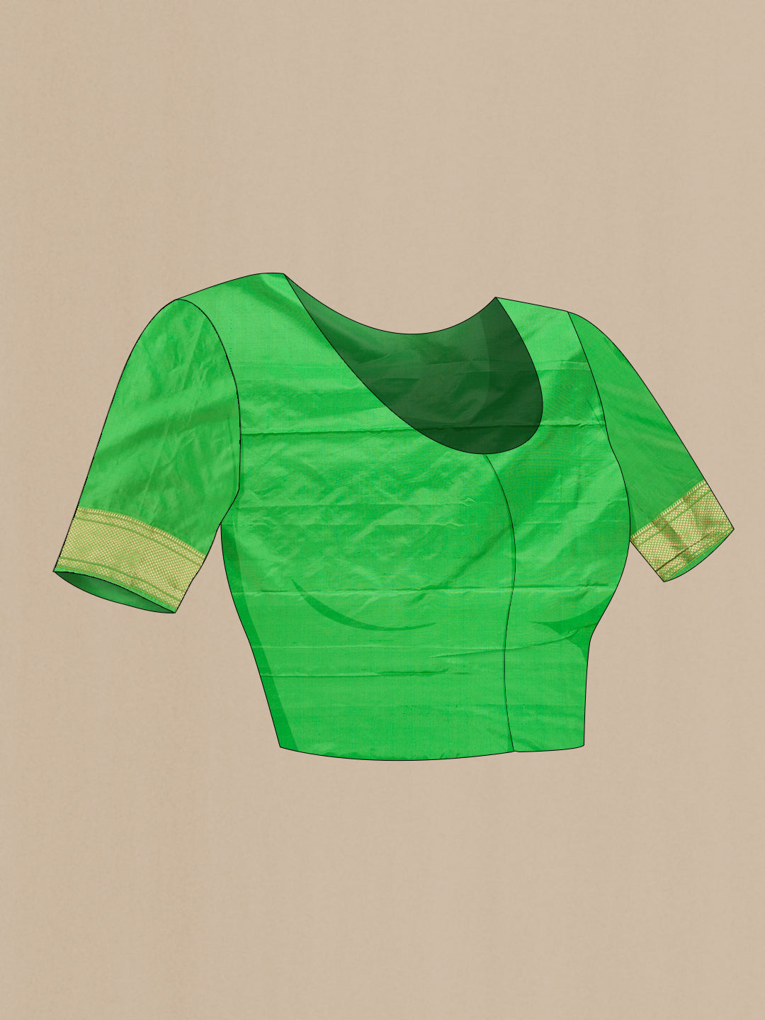 Close up image of the blouse of Parrot Green Dual Tone Paithani Silk Saree with Zari Butta on the body and Zari And Thread Border. 