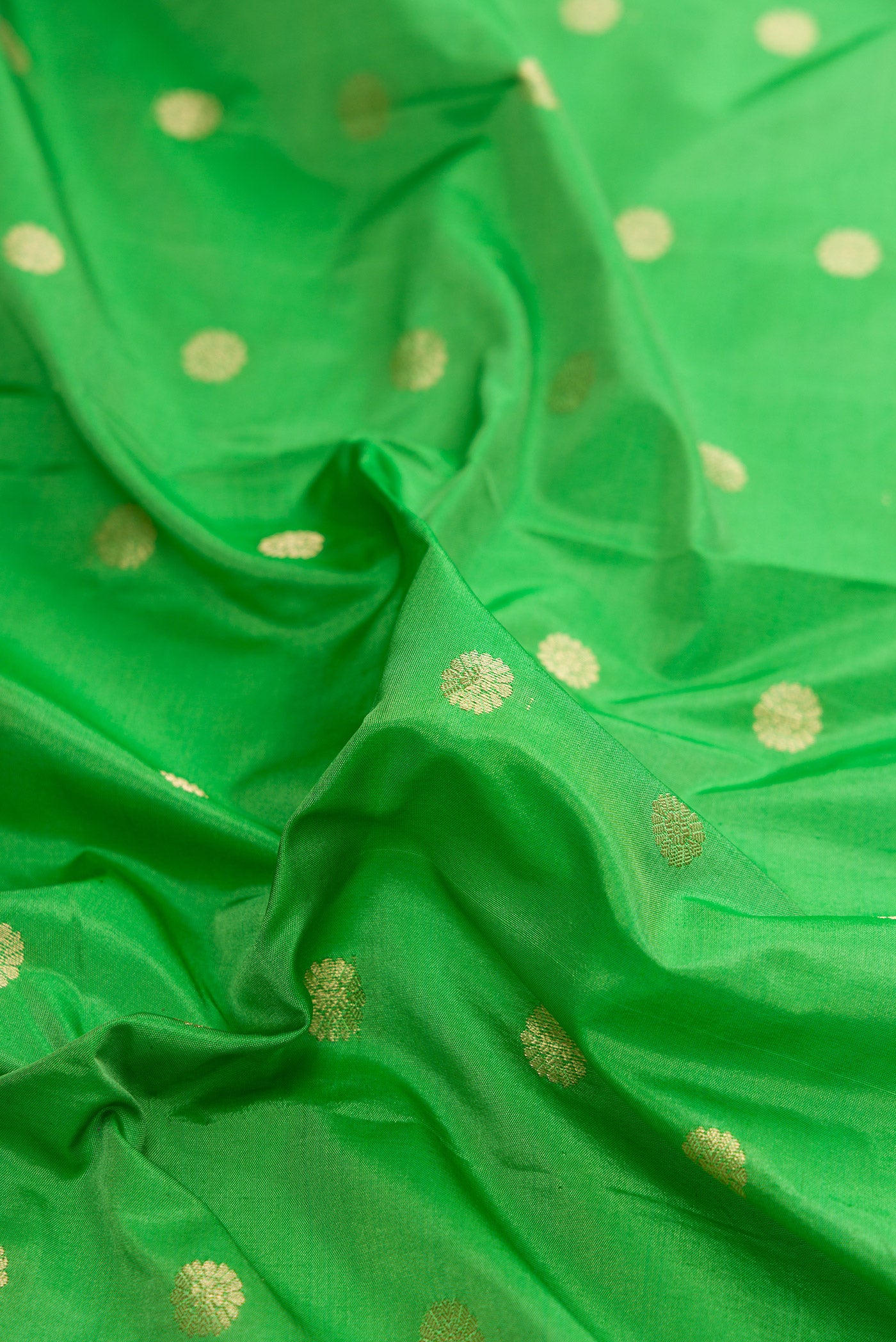 Close up of Parrot Green Dual Tone Paithani Silk Saree with Zari Butta on the body and Zari And Thread Border.  displaying folds