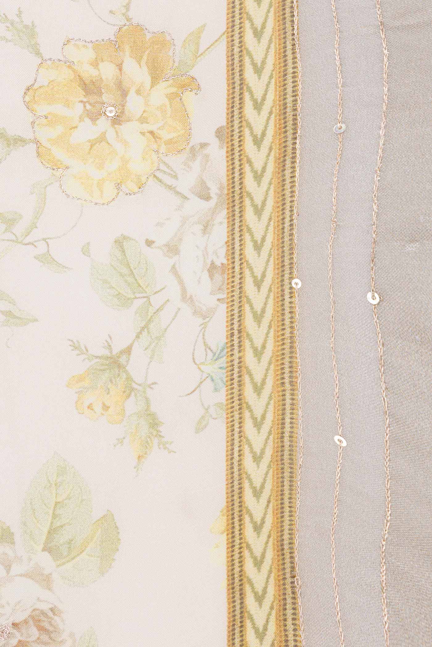 Border image of Cream Organza Silk Saree with Floral Print on the body and Embroidery Border