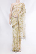 Cream Organza Silk Saree with Floral Print on the body and Embroidery Border displayed on a mannequin