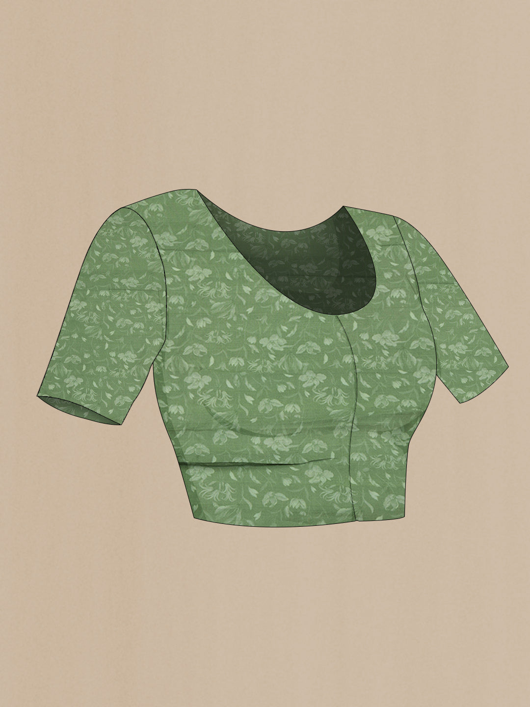 Close up image of the blouse of Green Dual Tone Organza Silk Saree with Printed design on the body and Embroidery Border