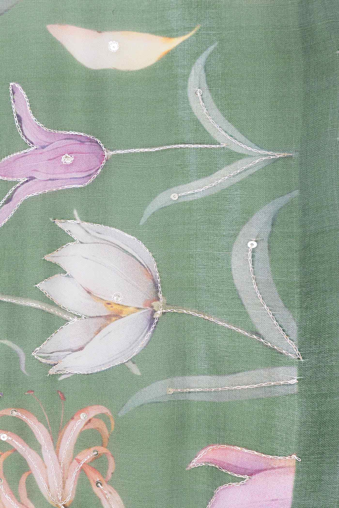 Border image of Green Dual Tone Organza Silk Saree with Printed design on the body and Embroidery Border