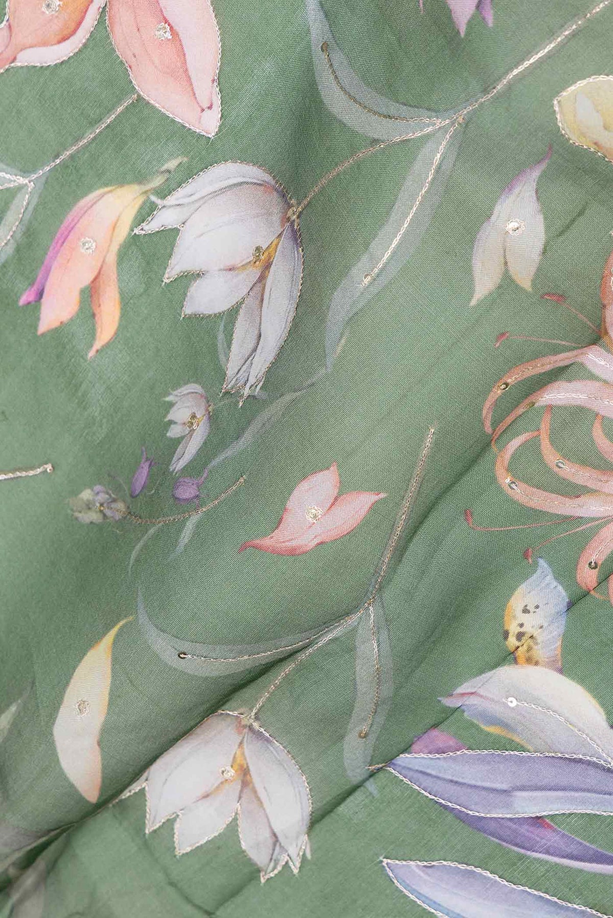 Close up of Green Dual Tone Organza Silk Saree with Printed design on the body and Embroidery Border displaying folds