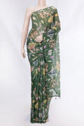 Green Dual Tone Organza Silk Saree with Printed design on the body and Embroidery Border displayed on a mannequin