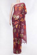 Maroon Dual Tone Organza Silk Saree with Printed design on the body and Embroidery Border displayed on a mannequin