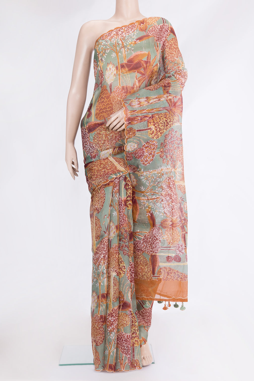Grey Organza Silk Saree with Embroidery on the body and Embroidery Border.  displayed on a mannequin