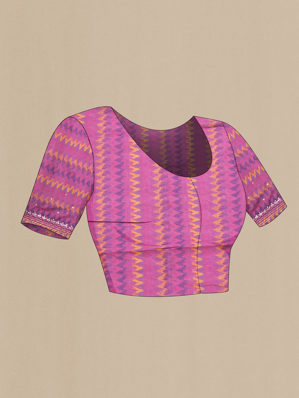 Close up image of the blouse of Magenta Dual Tone Tussar Silk Saree with Embroidery on the body and Embroidery Border. 