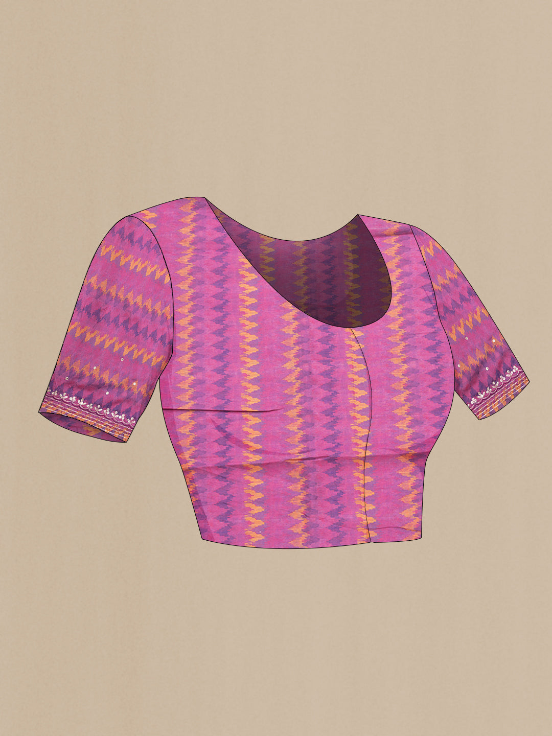 Close up image of the blouse of Magenta Dual Tone Tussar Silk Saree with Embroidery on the body and Embroidery Border. 