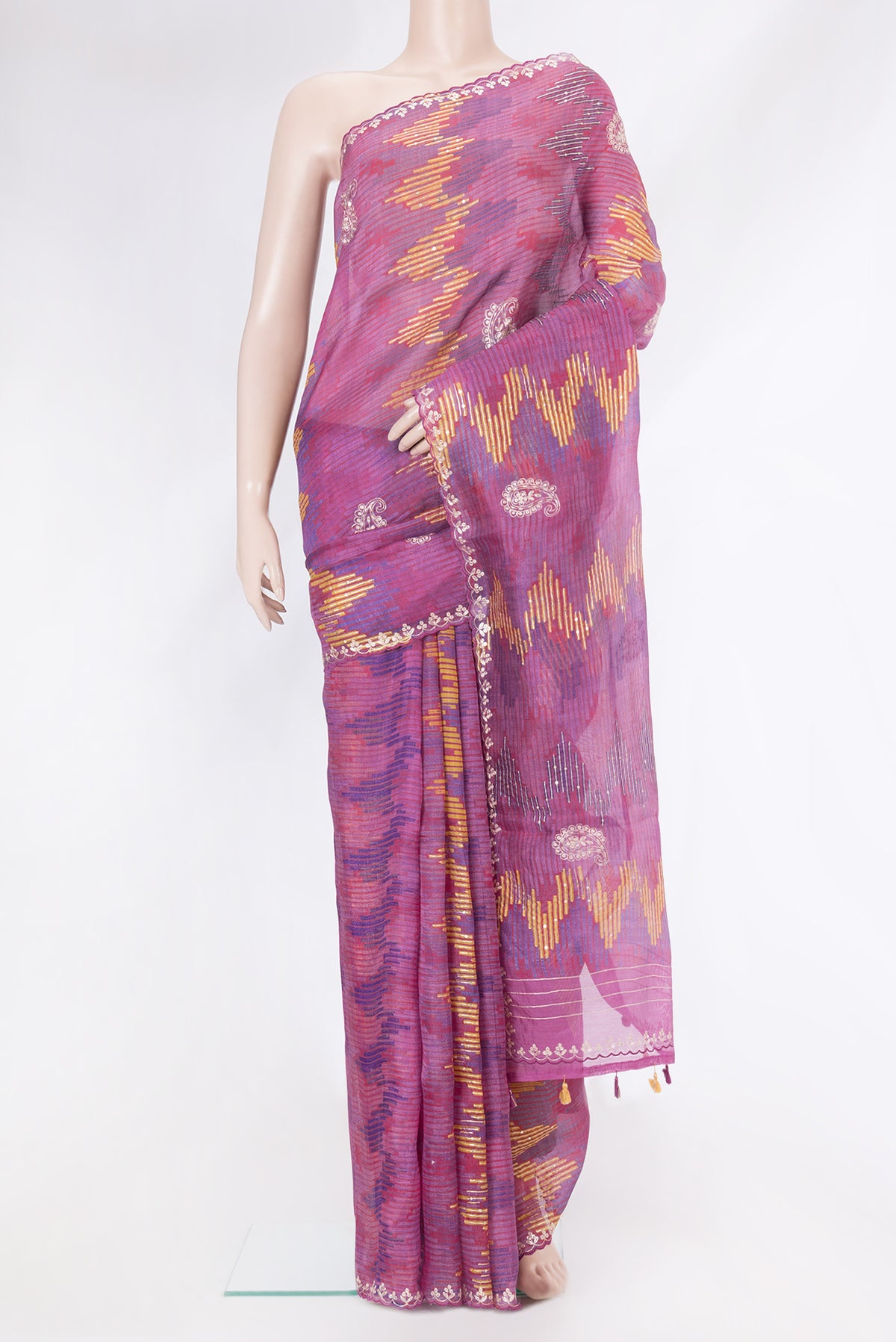 Magenta Dual Tone Tussar Silk Saree with Embroidery on the body and Embroidery Border.  displayed on a mannequin