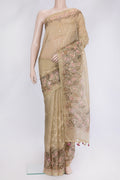 Beige Dual Tone Organza Silk Saree with Embroidery on the body and Embroidery Border.  displayed on a mannequin