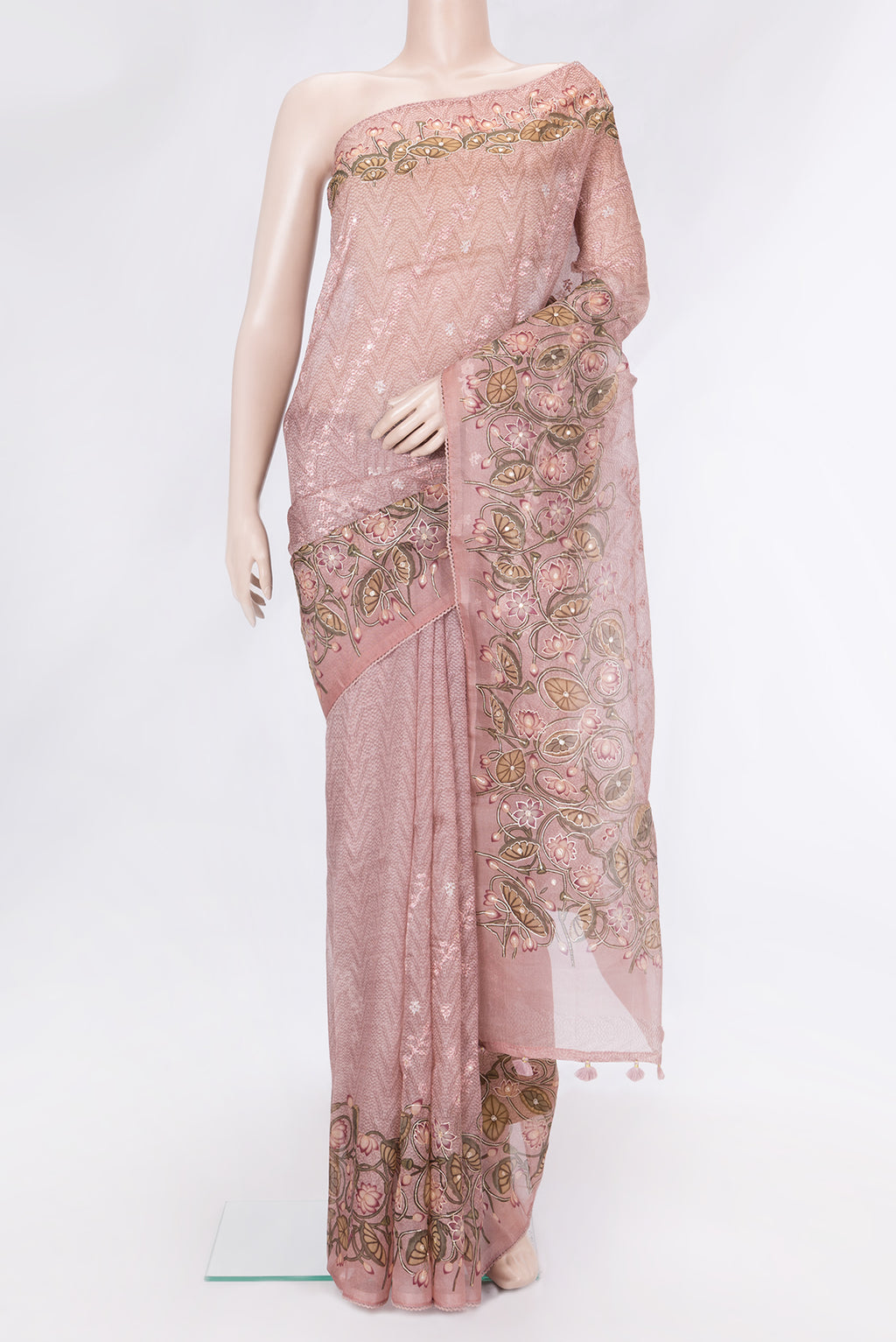 Pink Dual Tone Organza Silk Saree with Embroidery on the body and Embroidery Border.  displayed on a mannequin