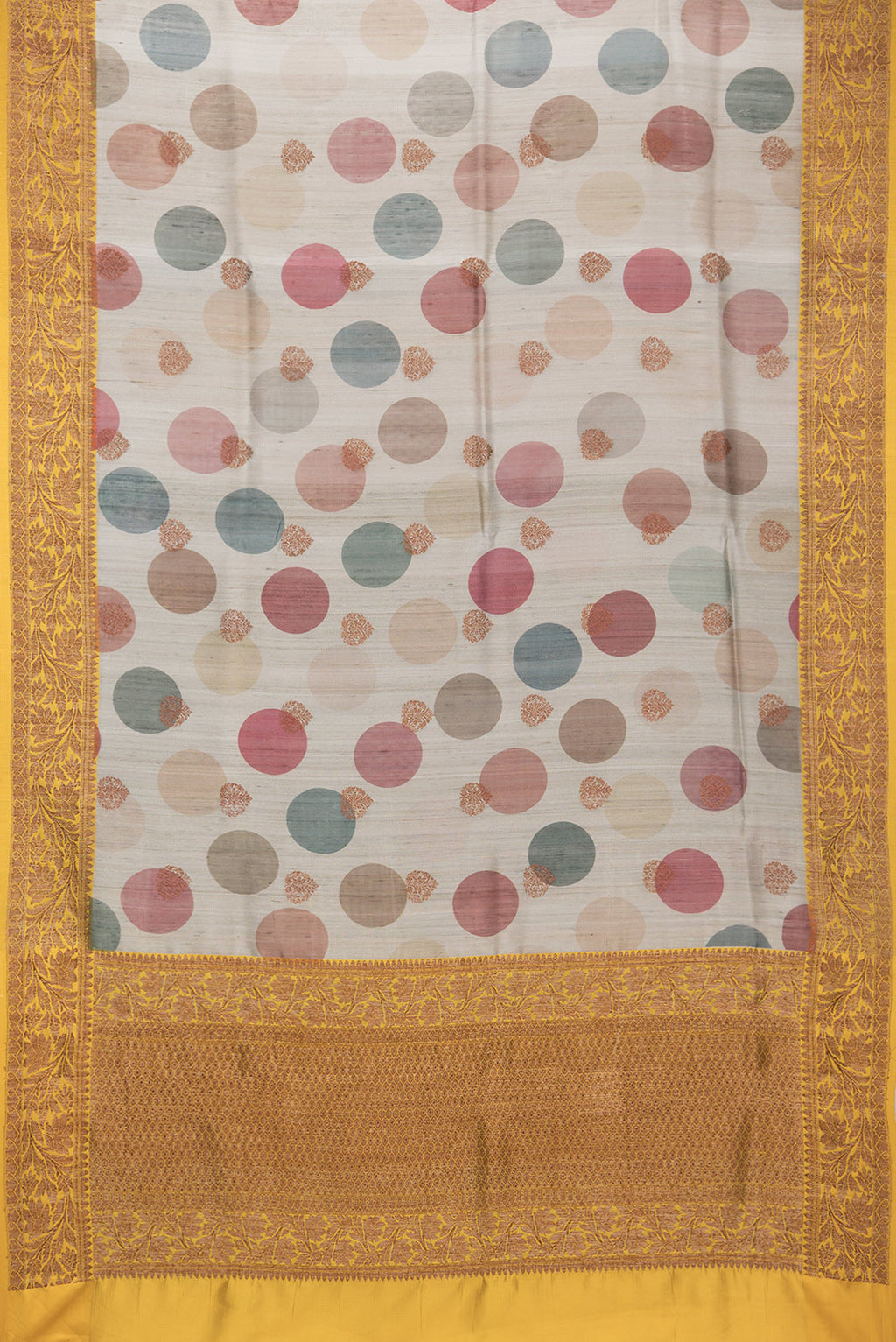 Flat view of Pure Silk Dark Beige Tussar Saree with Zari Butta on the body and Zari Border. 